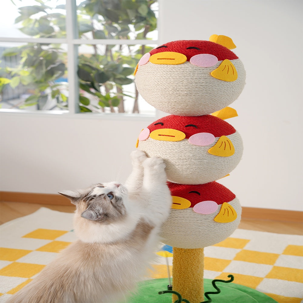 Cat playing with a colorful toy structure indoors