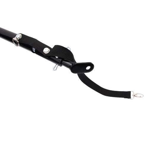 Black leather strap with metal clasps on a white background