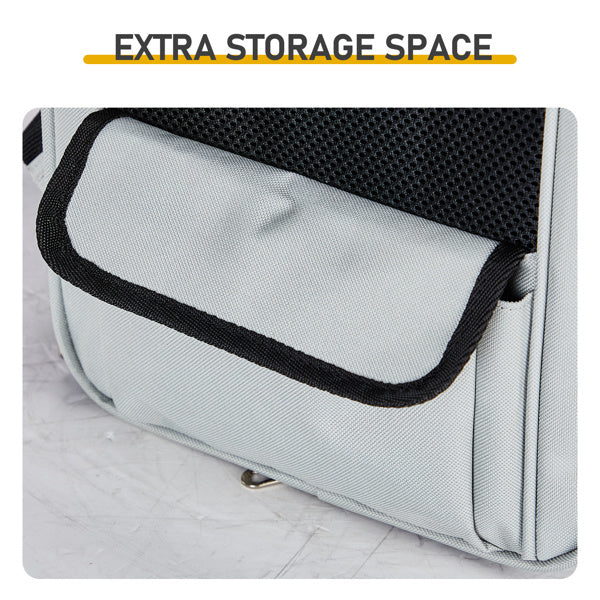 Gray pouch with black mesh pocket labeled 'Extra Storage Space' on a light wooden surface.