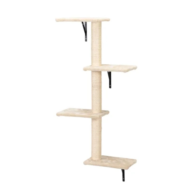 Beige cat tree with multiple shelves on a white background