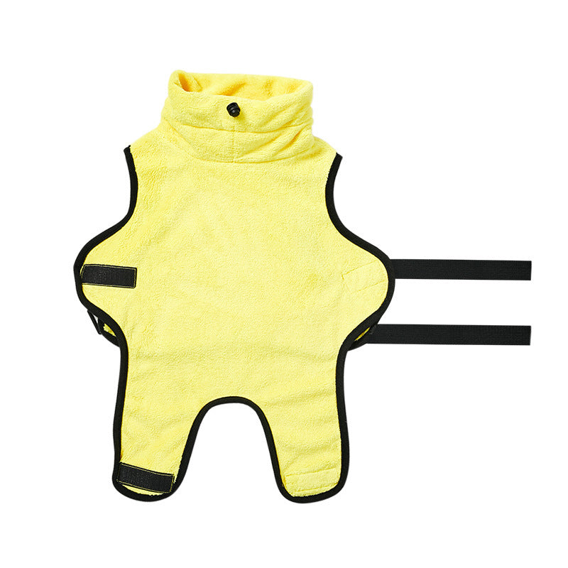 Yellow dog bath towel with black straps on a white background
