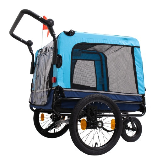 Blue and black pet stroller with a mesh door on a white background