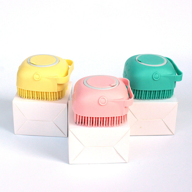 Three colorful scrubbers on white stands with a white background
