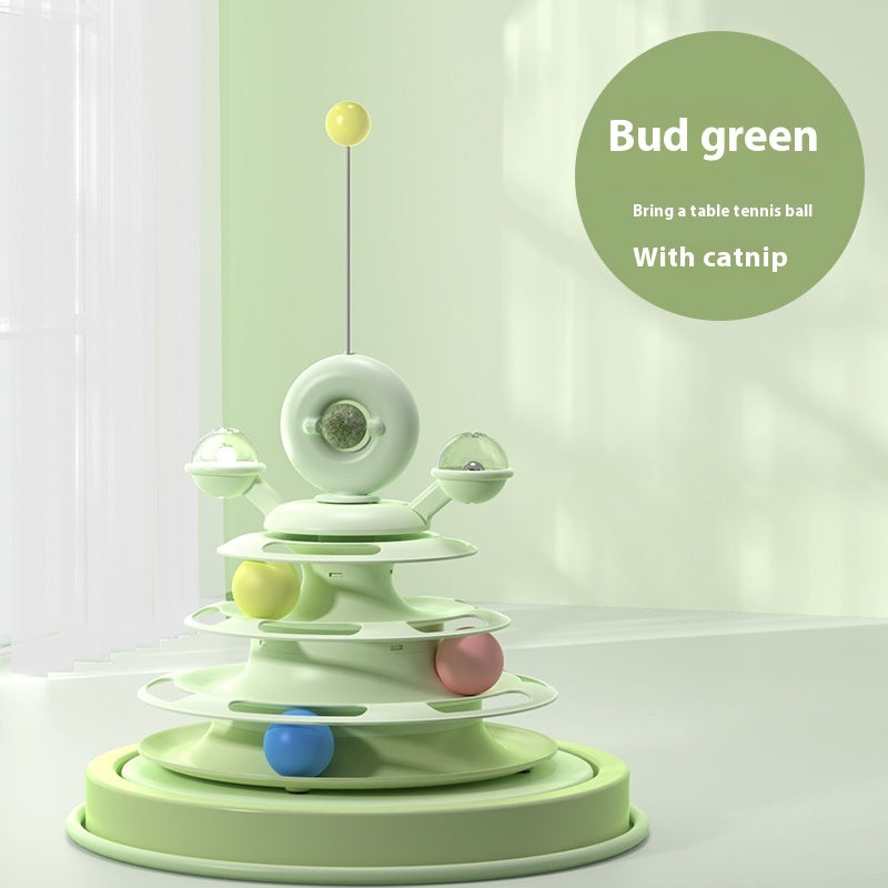 Cat toy with colorful balls on a white background, labeled 'Bud green'.