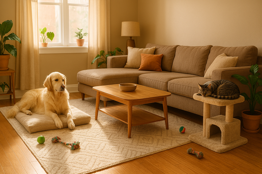 A dog lying on the floor on a plush pillow bed and a cat snuccled on a cat tree next to a sofa in a cozy living room.