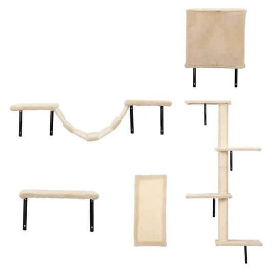 Beige cat tree with multiple levels and platforms on a white background