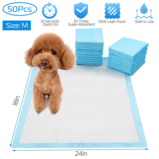 A puppy standing on a 5-layer training pad, with on-screen text highlighting the pad's super absorbent and quick-drying features.