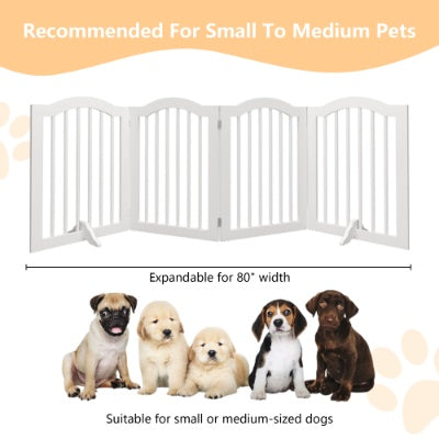 White pet gate with text indicating it's recommended for small to medium pets, expandable for 80" width, and suitable for small or medium-sized dogs.