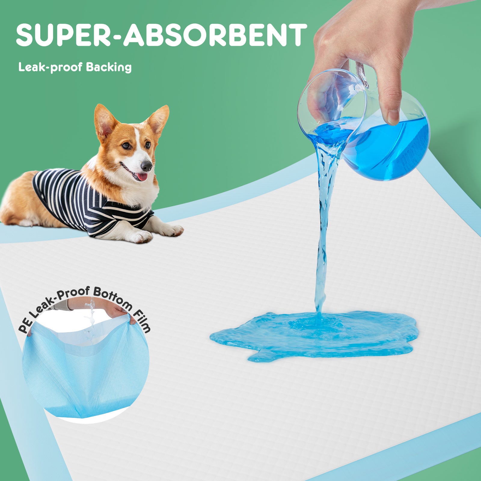 Dog wearing a diaper with blue liquid being poured onto a surface, highlighting super-absorbent properties.