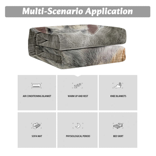 Foldable blanket with multi-scenario application icons on a gray background