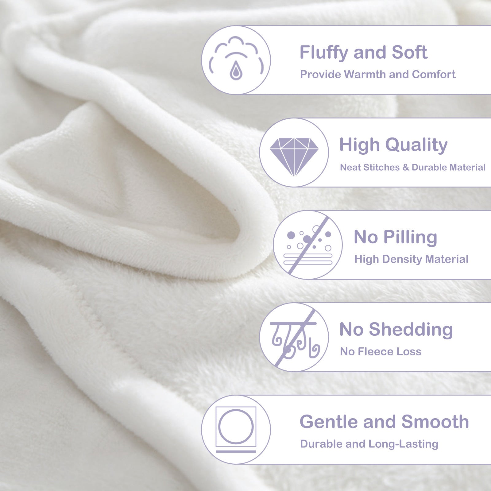 White fabric with text highlighting features like fluffiness, softness, quality, no pilling, no shedding, and gentleness.