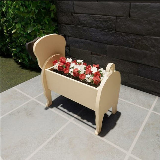 Beige planter with flowers on a tiled patio