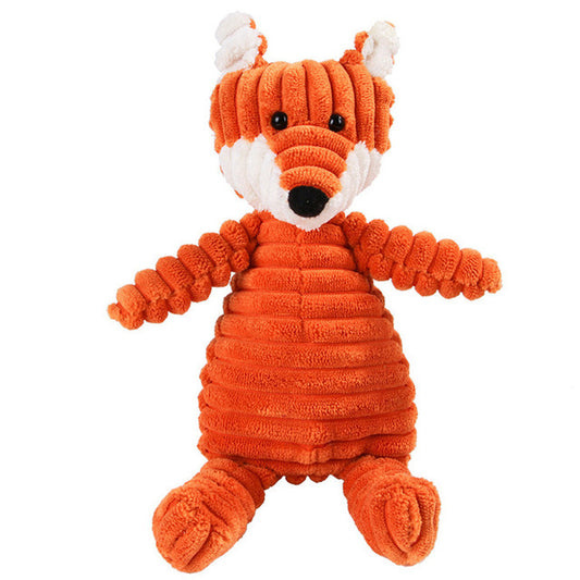 Plush toy fox with a textured orange body on a white background