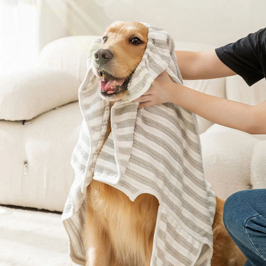Dog wrapped in a striped towel with a person holding it, sitting on a couch.