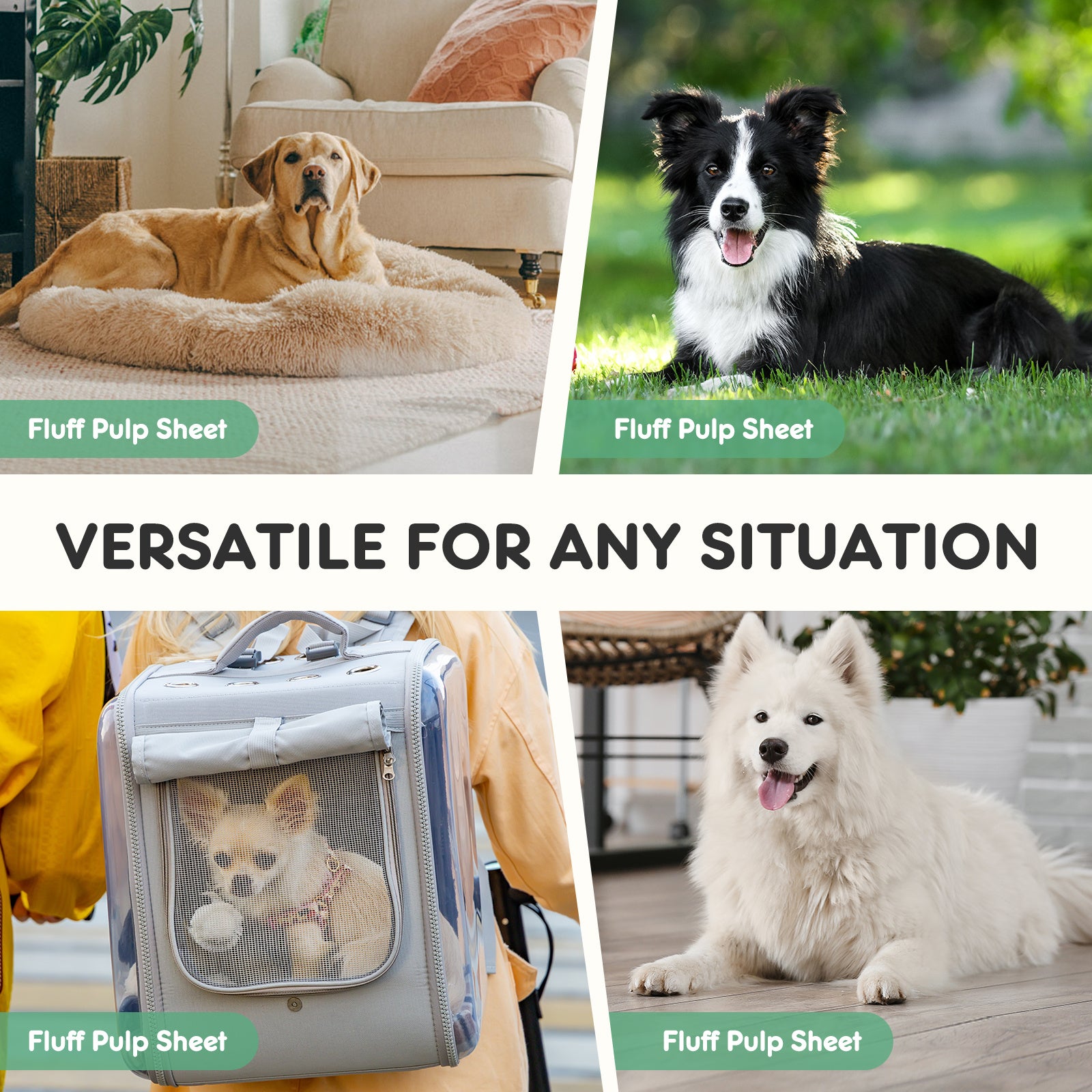Collage of dogs on Fluff Pulp Sheets with text 'Versatile for any situation'.