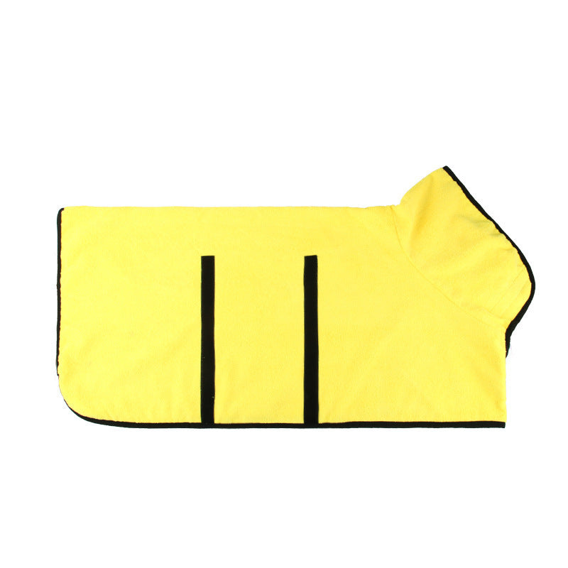 Yellow dog towel with black trim on a white background