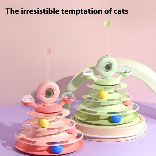 Two colorful cat toys on a pink and purple gradient background with text 'The irresistible temptation of cats'.