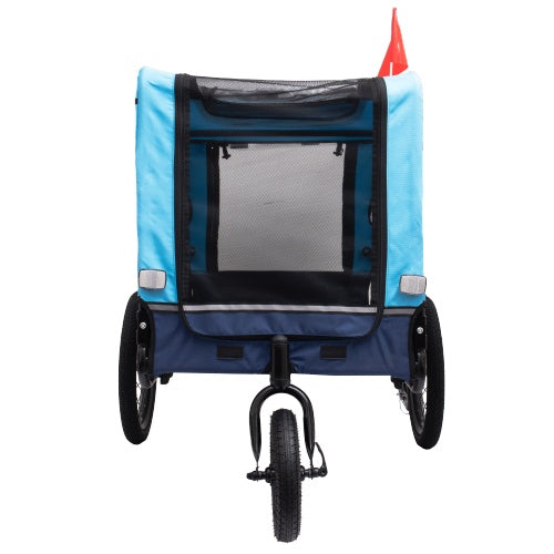Blue and black pet stroller with a red flag on a white background