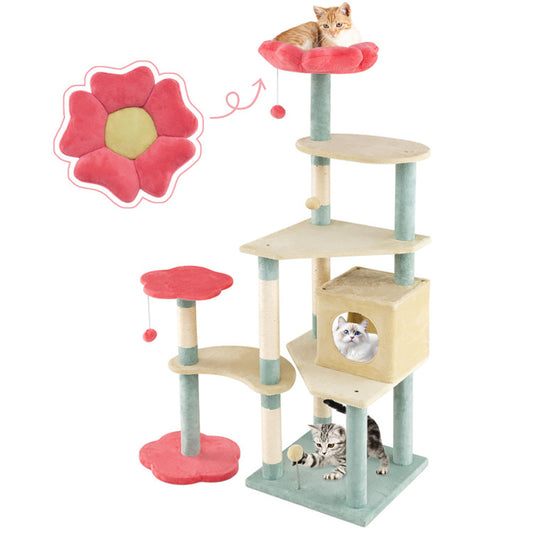 Cat tree with multiple levels and a pink flower-shaped perch on a white background