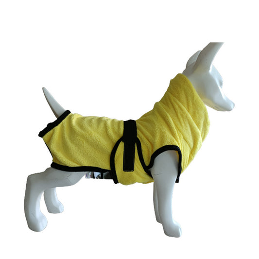 Yellow dog bath towel with black straps on a white background
