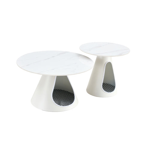 Two modern white cat trees with round platforms on a white background
