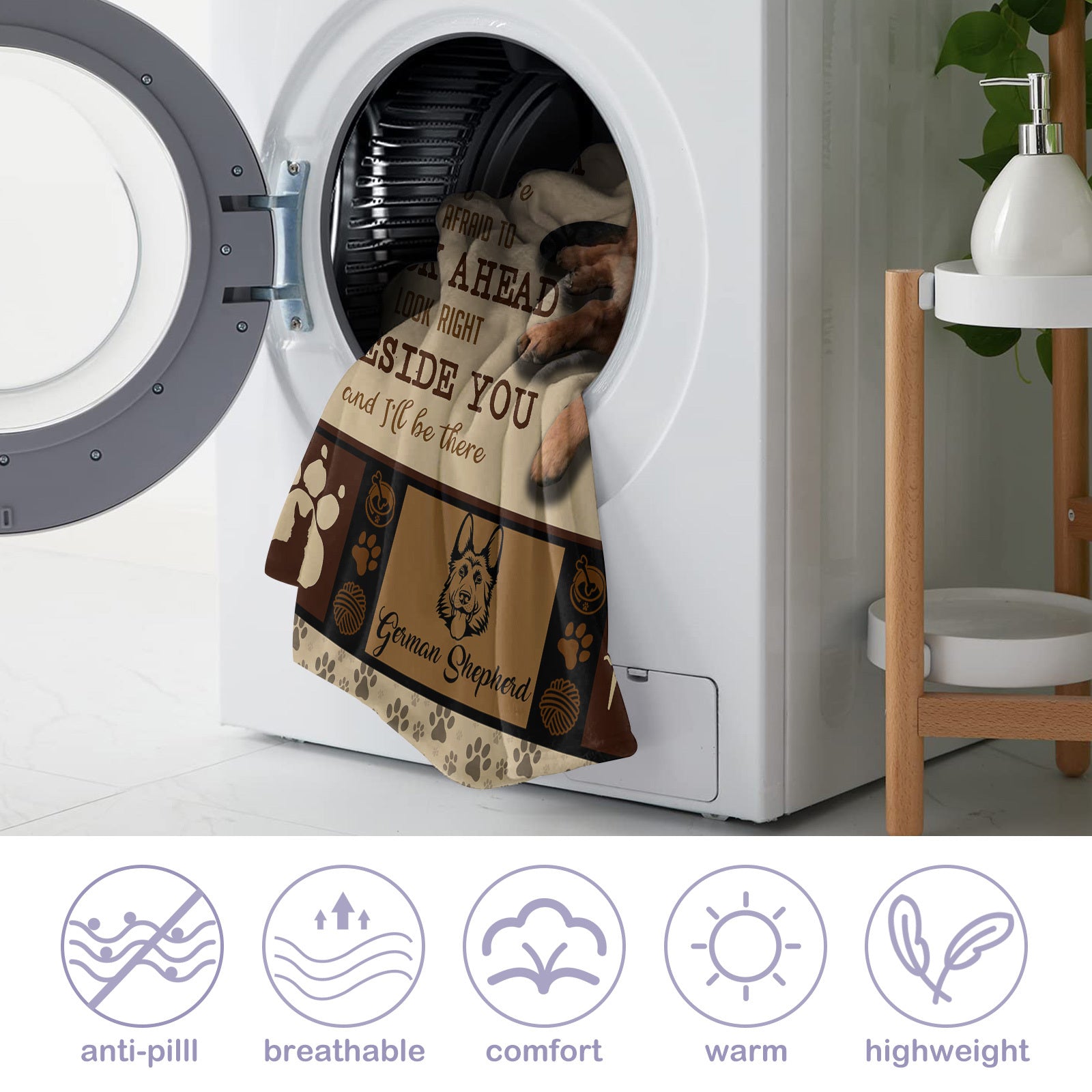 Dog blanket with text in front of a washing machine, with product features displayed below.
