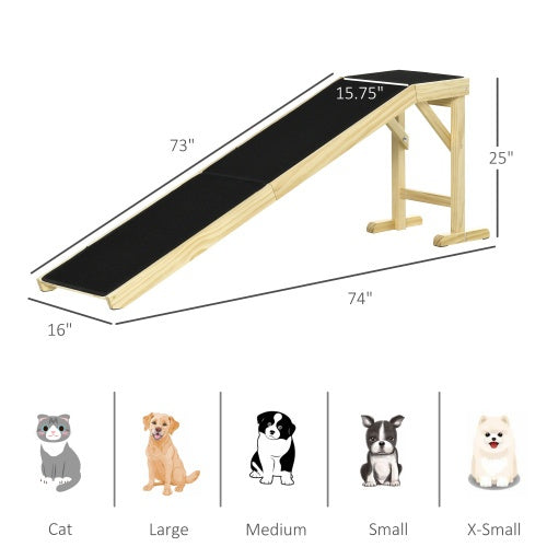 Wooden dog ladder with sizes stating is is suitable for cat, large, medium, small and x-small dogs