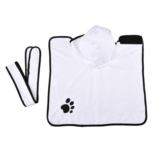 White dog towel with black trim and paw print design on a white background