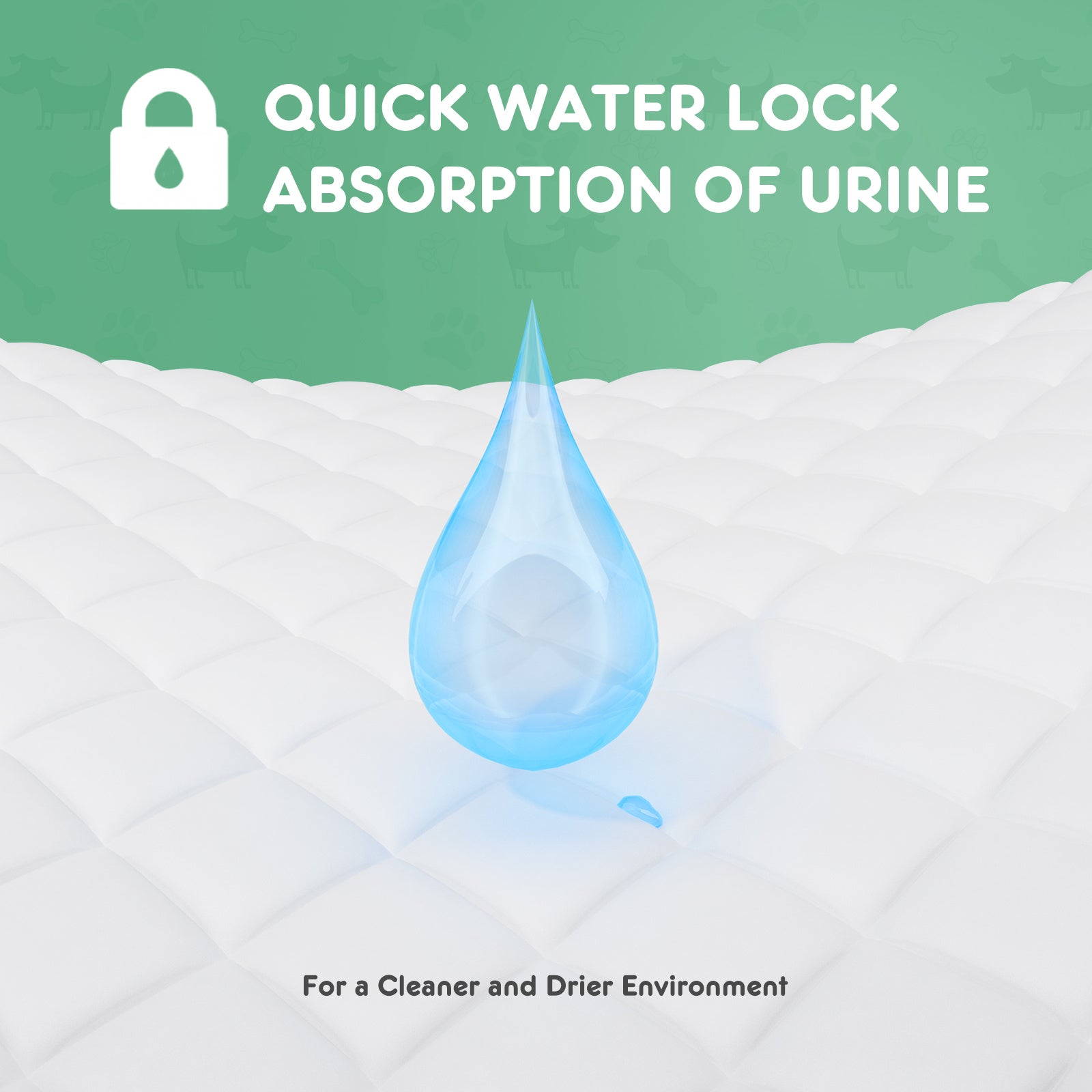 Advertisement for quick water lock absorption of urine with a blue droplet graphic on a green and white background.
