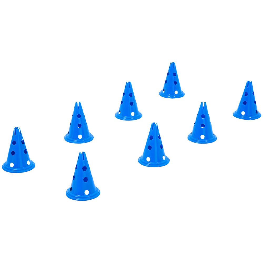 Eight blue agility cones for pet training