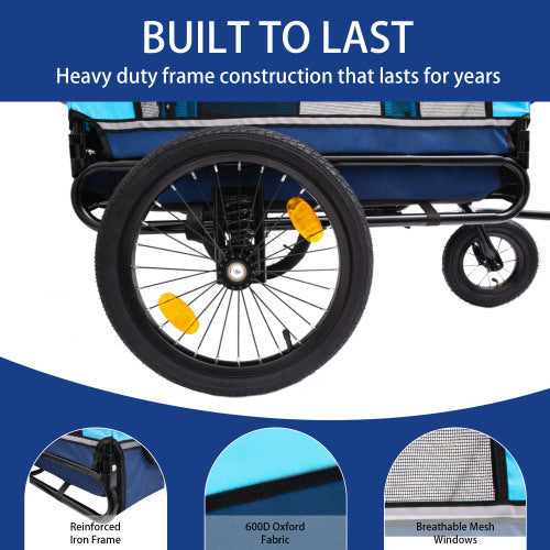 Heavy-duty bike trailer with reinforced iron frame, 600D Oxford fabric, and breathable mesh windows on a blue background.