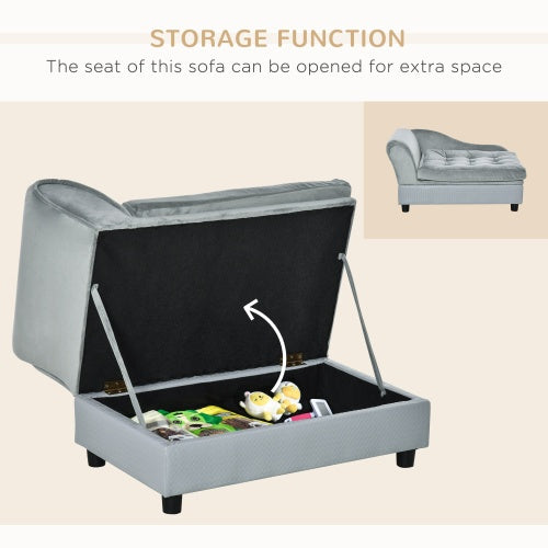 Gray pet sofa with storage compartment open, showing extra space, on a beige background.