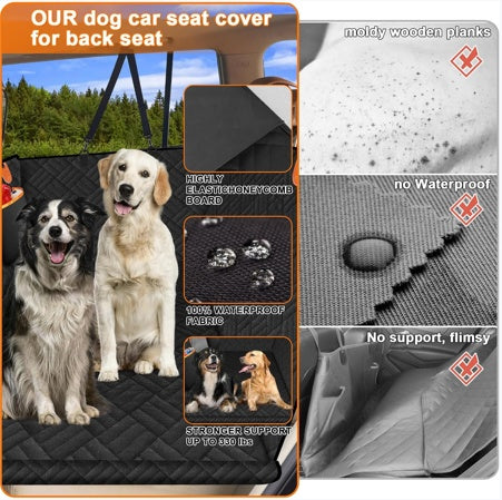 Dog car seat cover with comparison to moldy wooden planks and unsupported fabric.