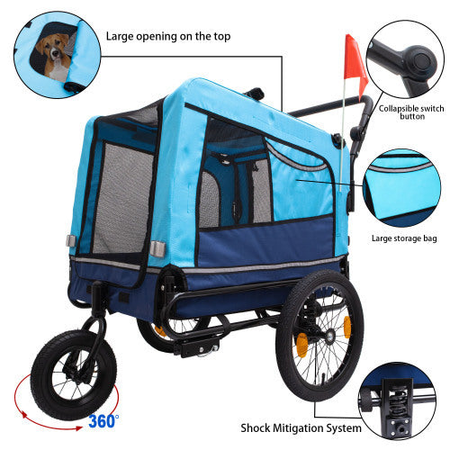 Blue pet stroller with features highlighted on a white background