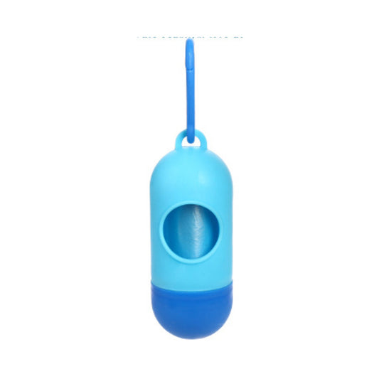 Blue pet poop bags with a hook on a white background
