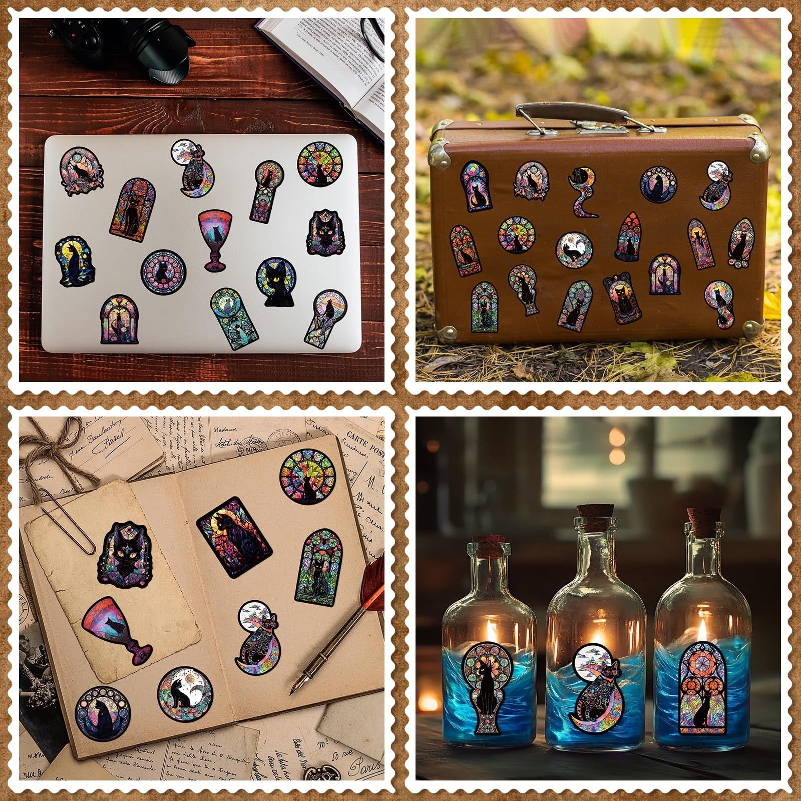 Gothic cat stickers used on various items such as a laptop, bottles, suitcase, and diary