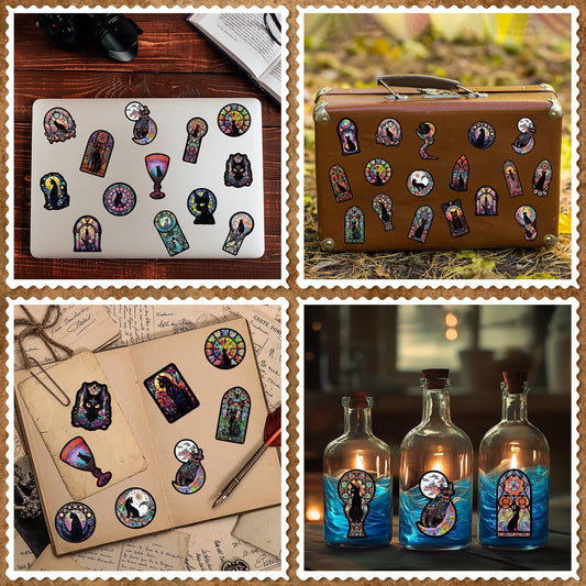 Gothic cat stickers used on various items such as a laptop, bottles, suitcase, and diary