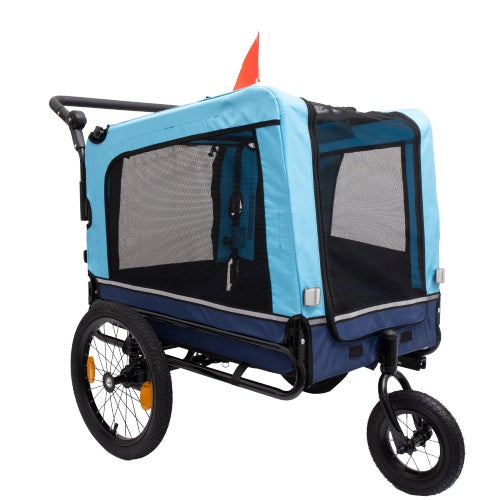 Blue and black pet stroller with a small orange flag on a white background