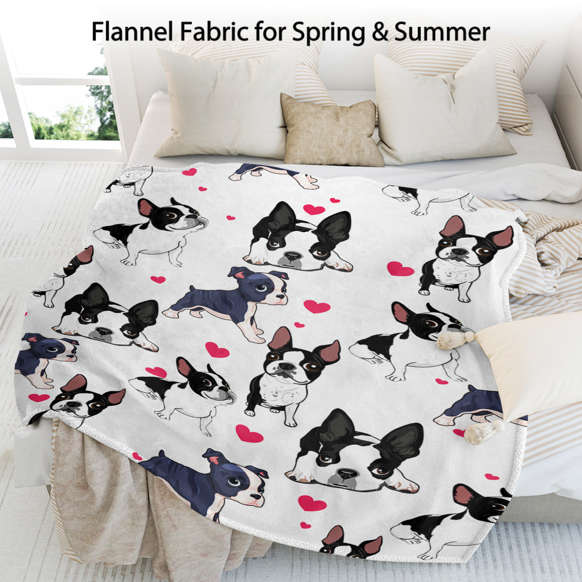 Flannel fabric with dog pattern on a bed