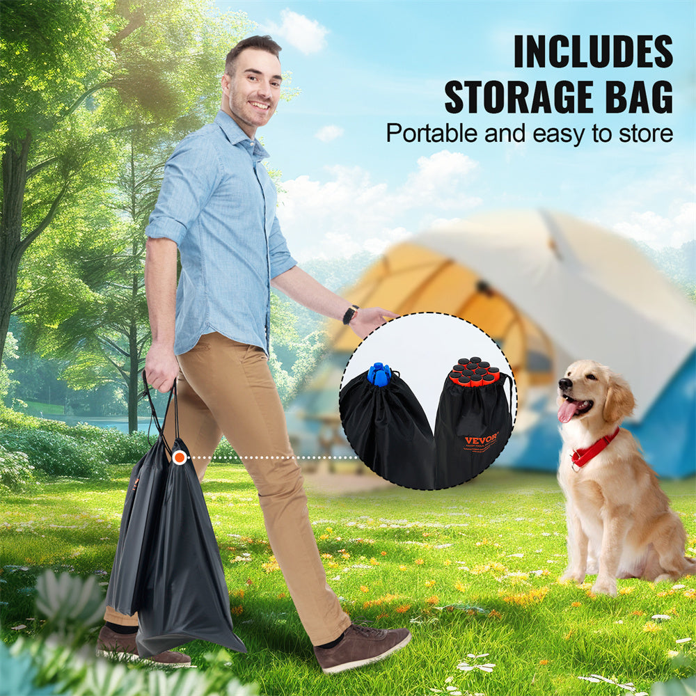 Man holding a storage bag with a dog in the background, camping scene.