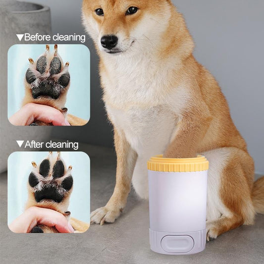 Dog with paw cleaning device showing before and after results