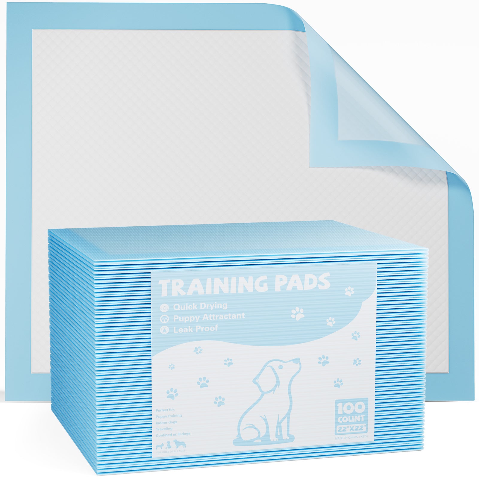 Pack of dog training pads with a stack of pads on top