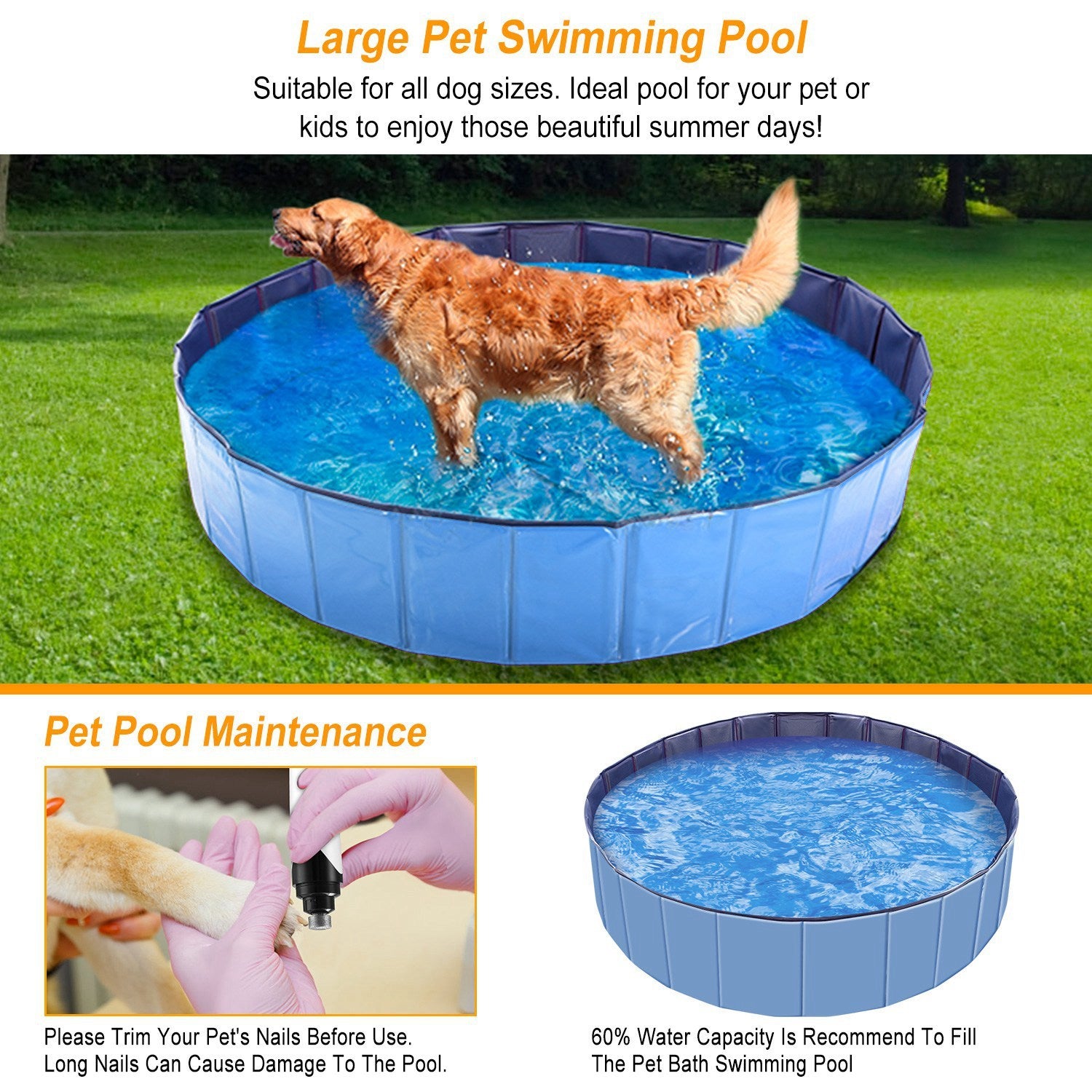 Large pet swimming pool with a dog inside, on grass, with text about pool suitability and maintenance.
