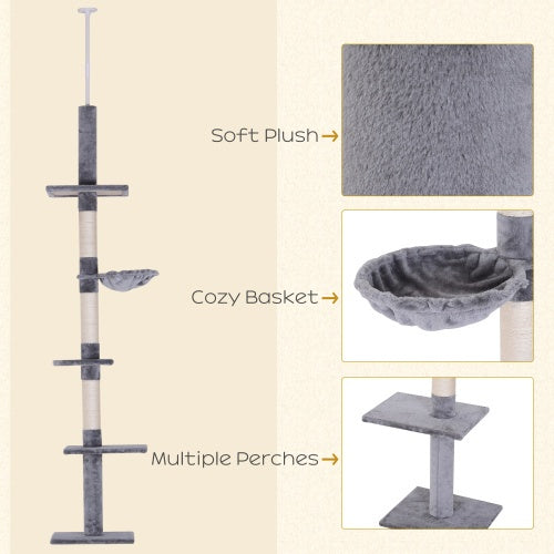 Cat tree with soft plush, cozy basket, and multiple perches on a beige background