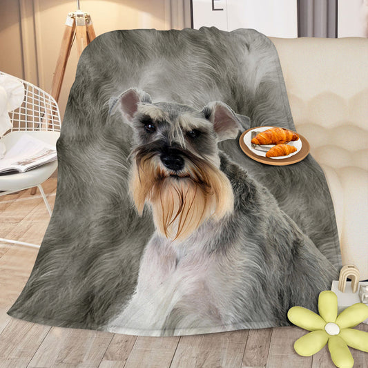Flannel blanket with a dog design draped over a chair in a living room.
