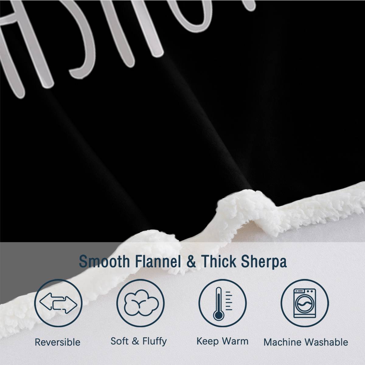 Textured fabric with brand name and product features on a black background