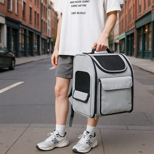Person holding a gray pet carrier on a city street