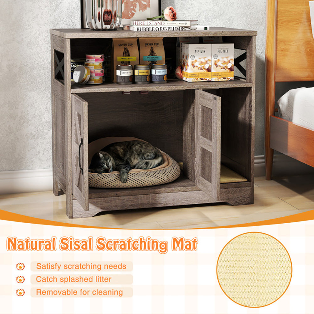 Wooden pet furniture with a cat inside, featuring a natural sisal scratching mat.