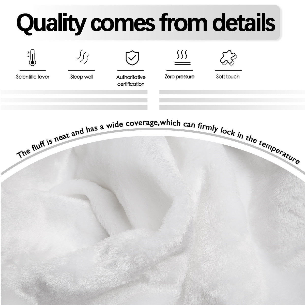 Text detailing product features with a close-up of white fluff, set against a light gray background.
