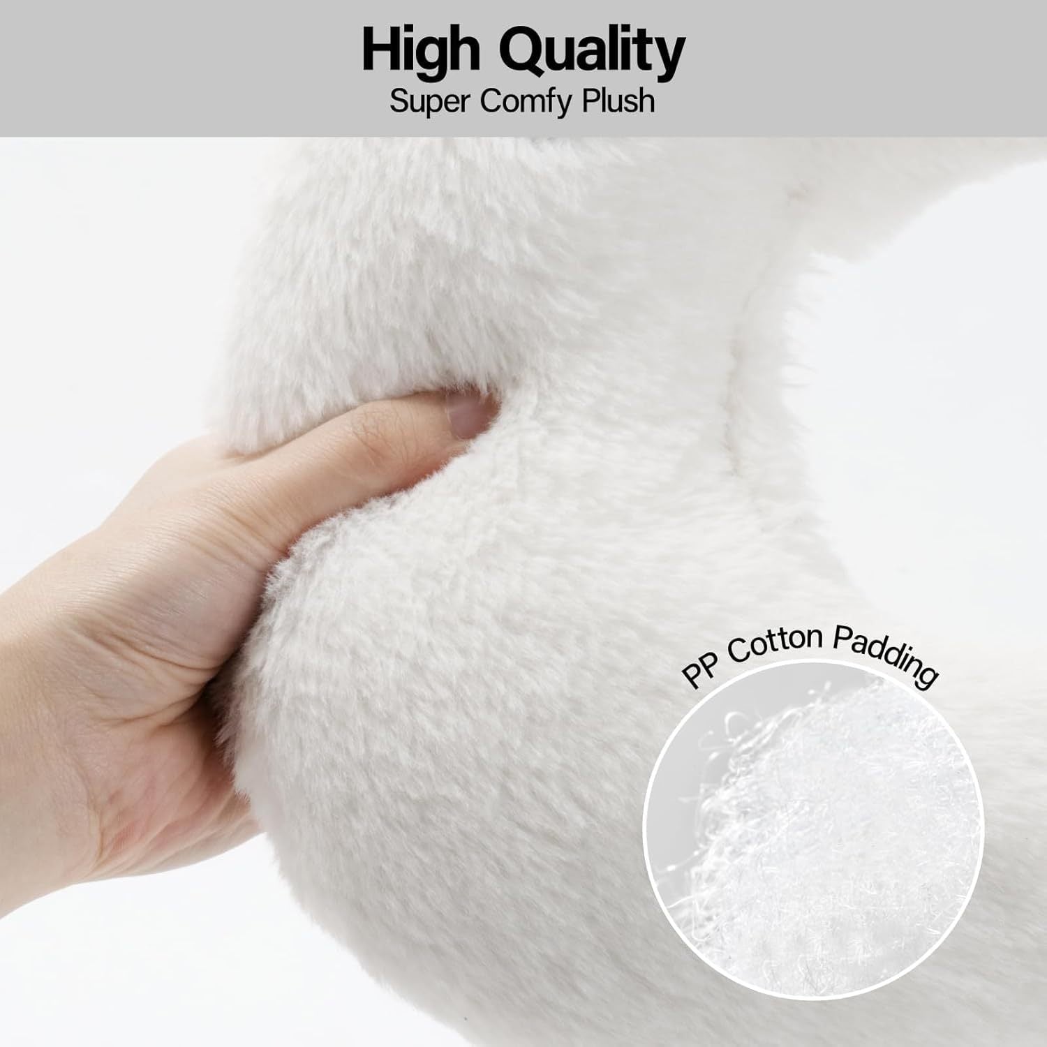 Hand holding a plush white pillow with PP cotton padding and 'High Quality Super Comfy Plush' text.
